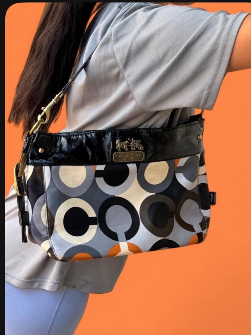 Coach Multicolor Circle Print Shoulder Bag with Black Trim